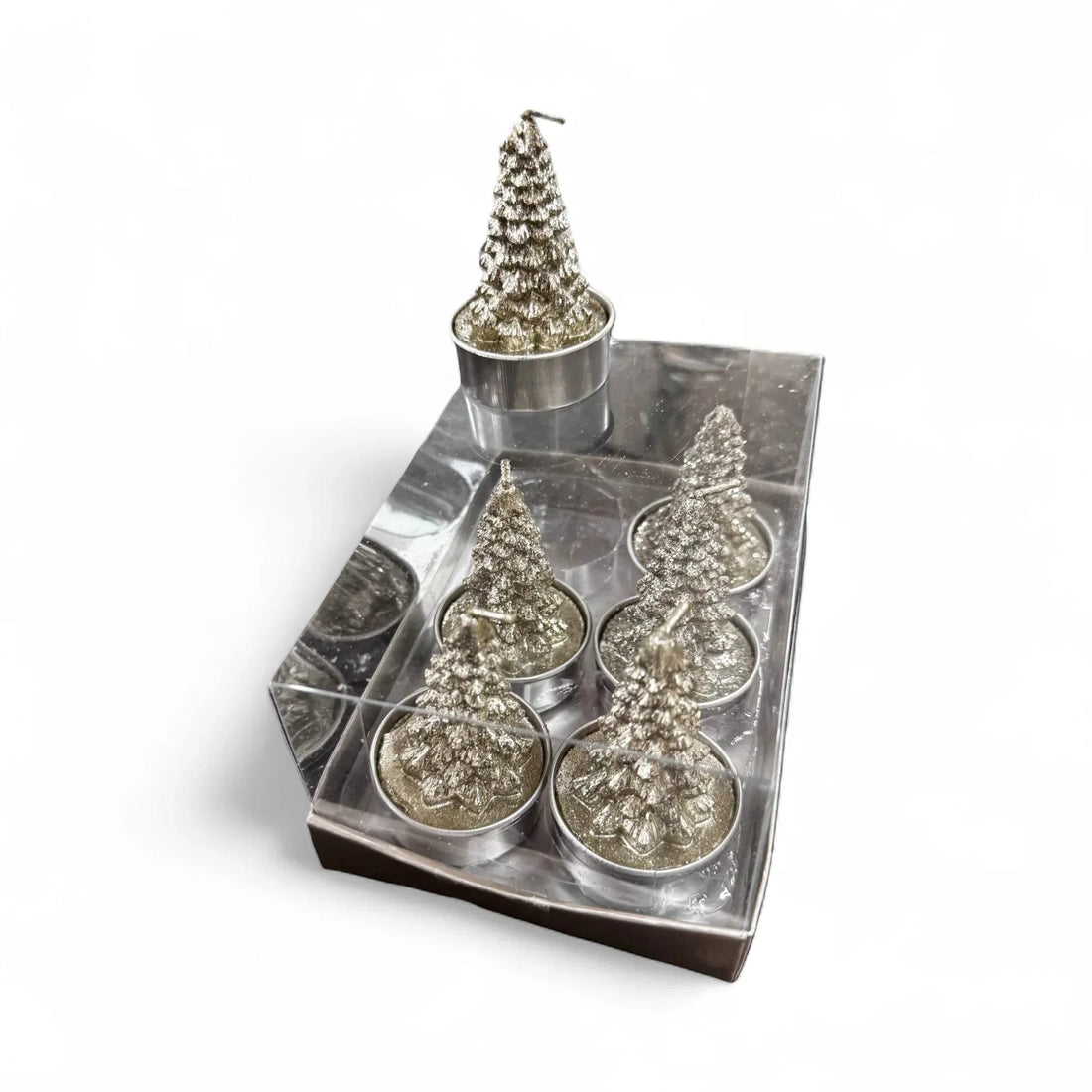 Silver glitter Christmas tree candles in clear packaging for festive home décor