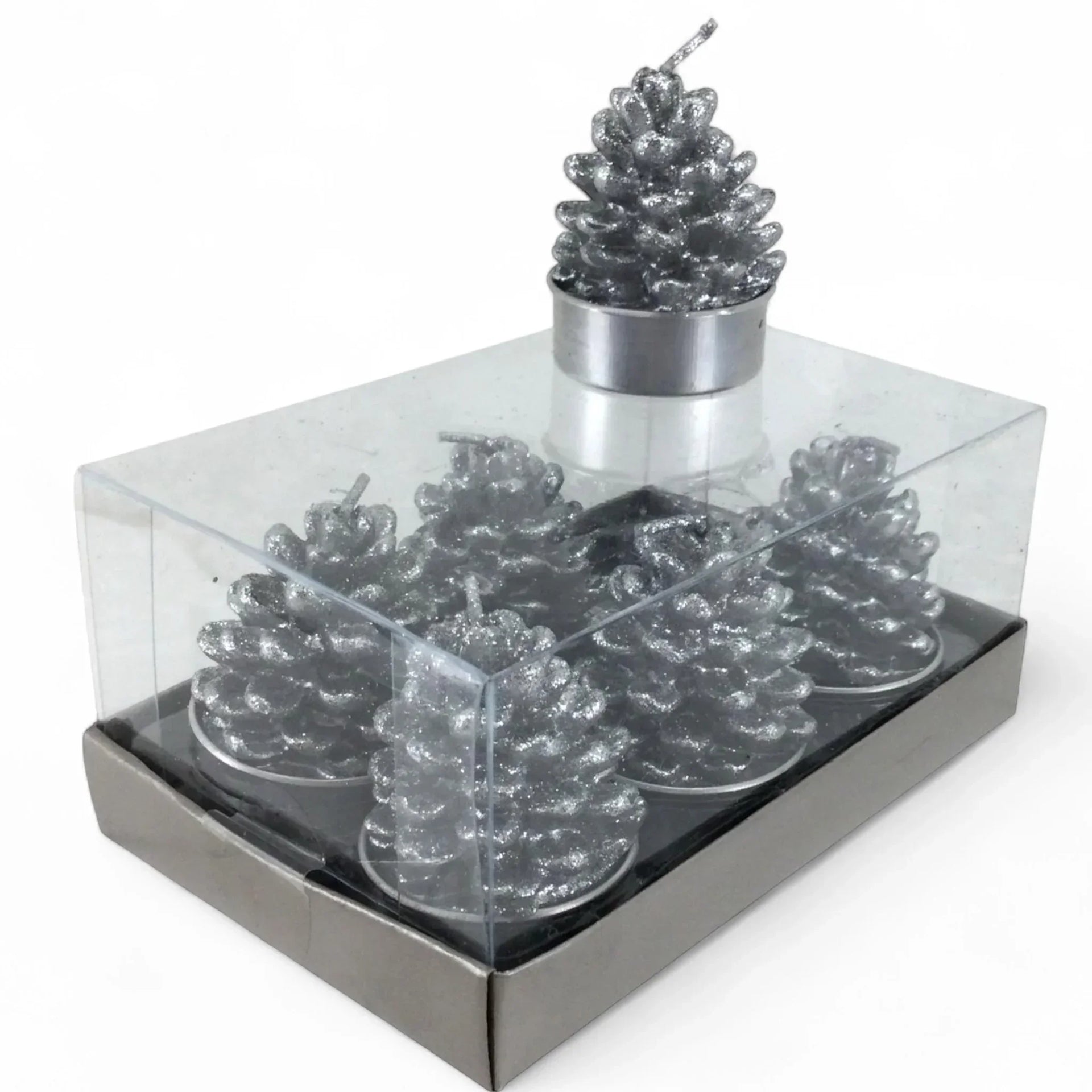 Silver glitter pinecone candles in clear box, festive home décor