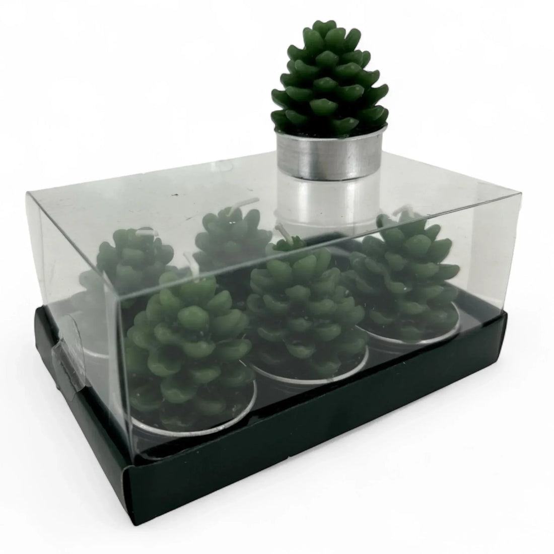 Green pinecone-shaped candles in clear box, perfect for home décor and festive ambiance