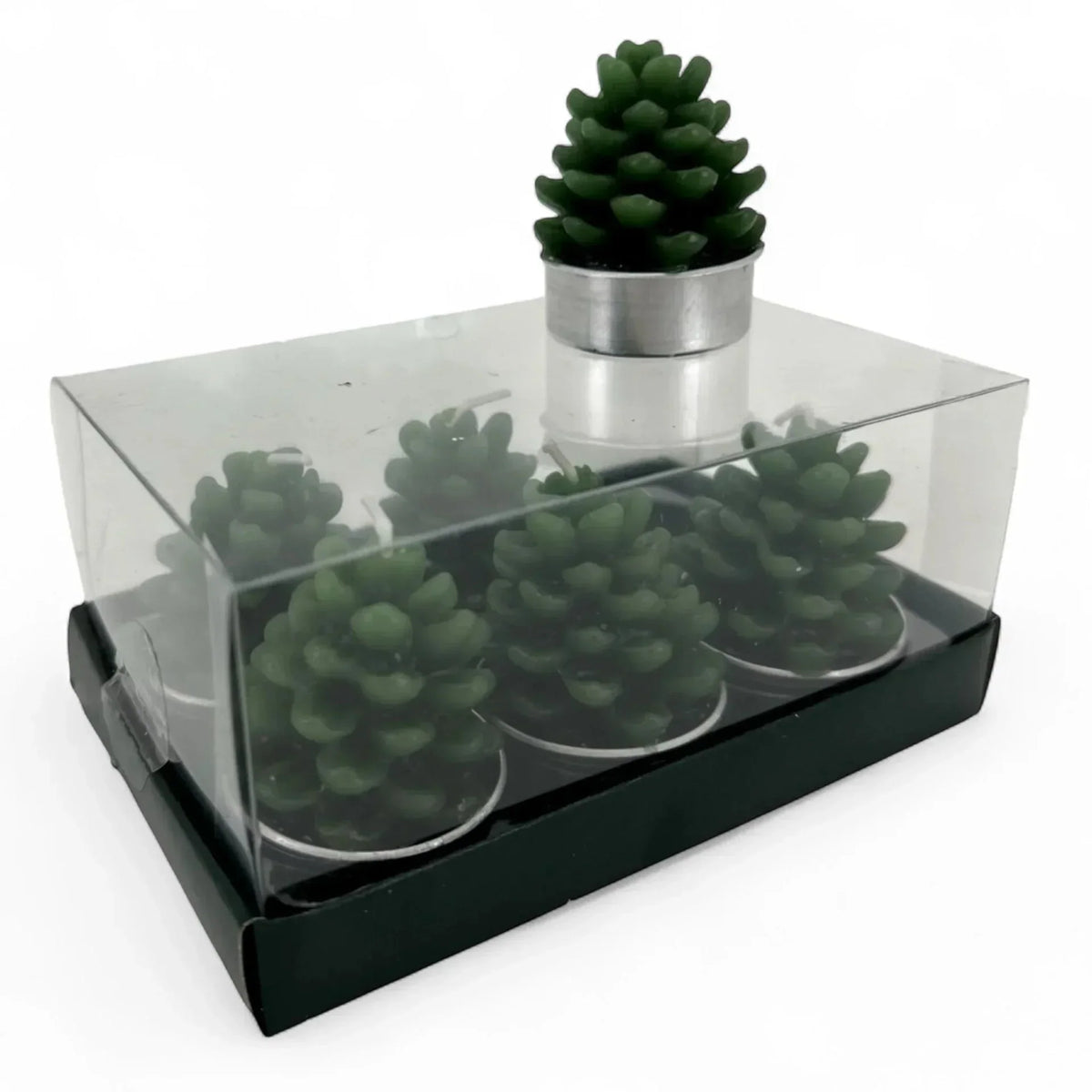 Green pinecone-shaped candles in clear box, perfect for home décor and festive ambiance