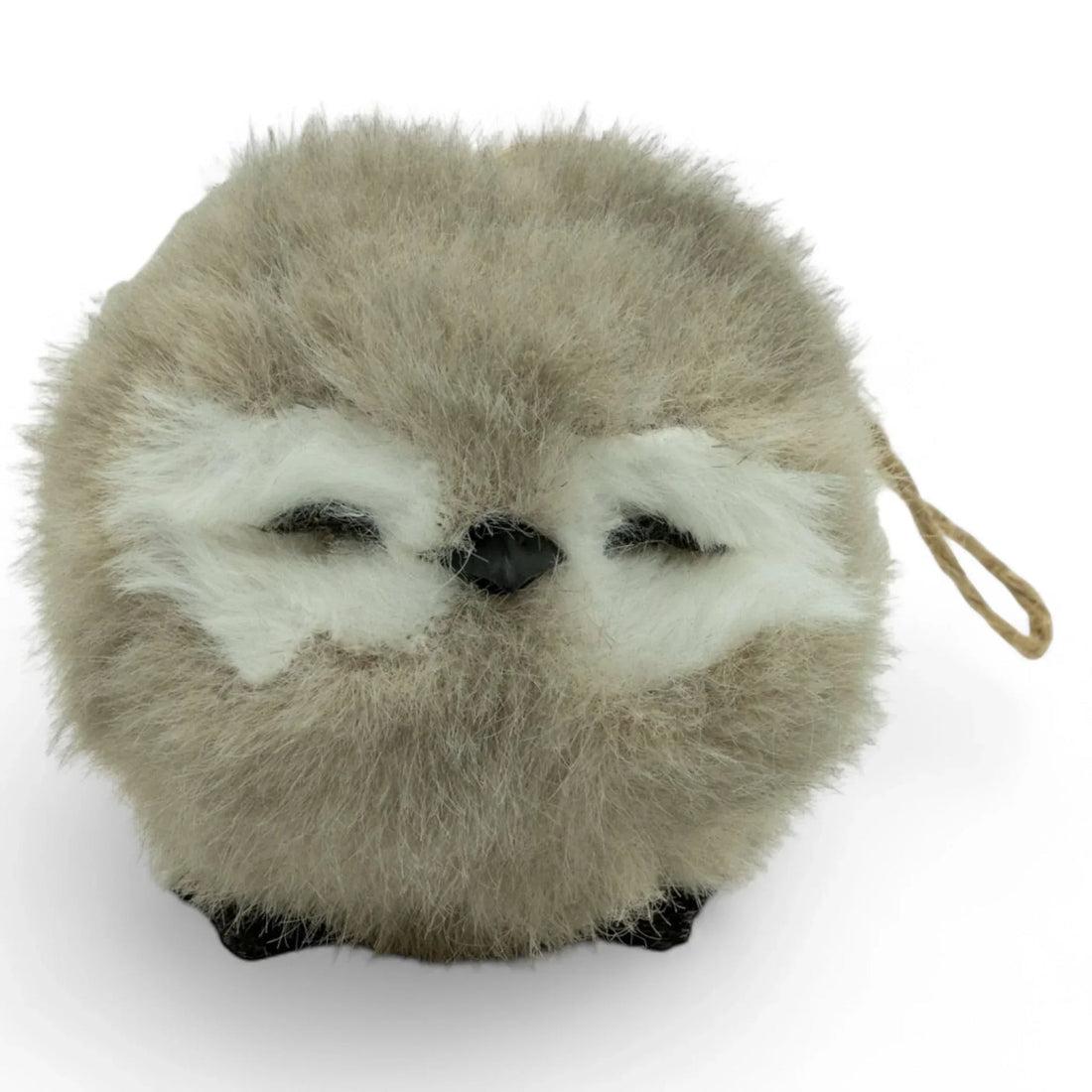 Fluffy grey owl-shaped decorative cushion with white accents and twine loop, perfect for cozy home décor