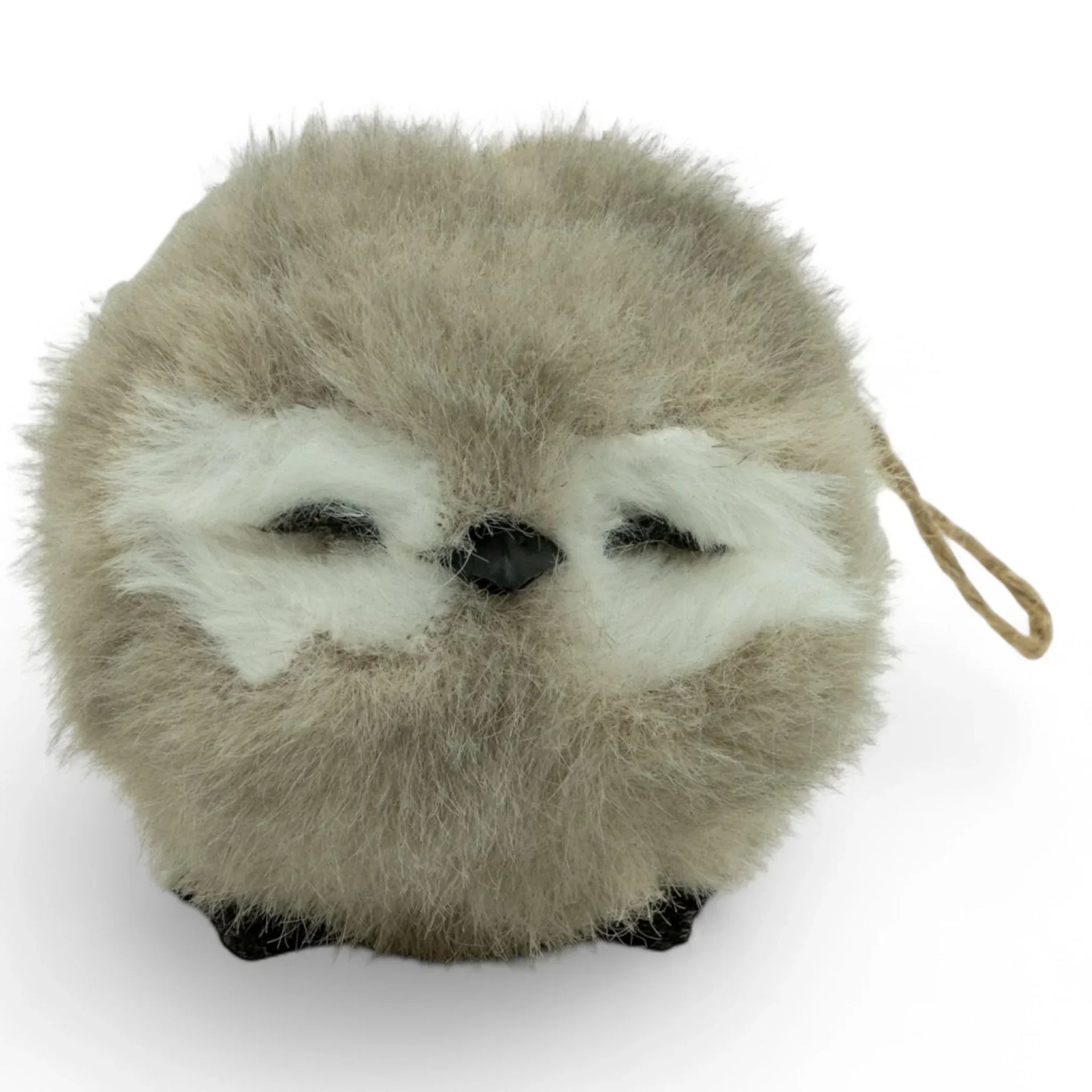 Fluffy grey owl-shaped decorative cushion with white accents and twine loop, perfect for cozy home décor