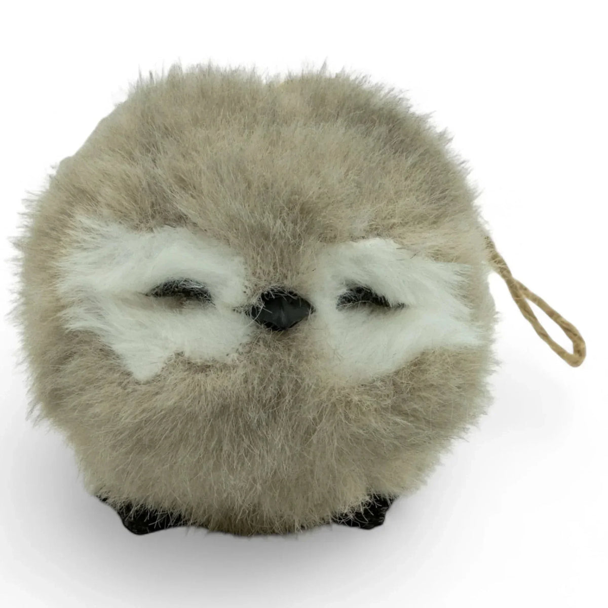 Fluffy grey owl-shaped decorative cushion with white accents and twine loop, perfect for cozy home décor