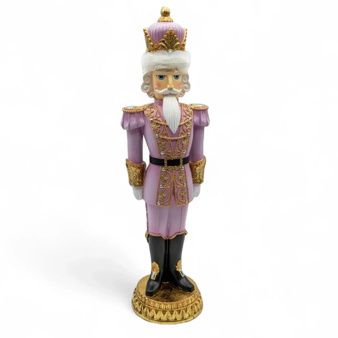 Elegant pink nutcracker with gold accents and crown, perfect for festive home décor