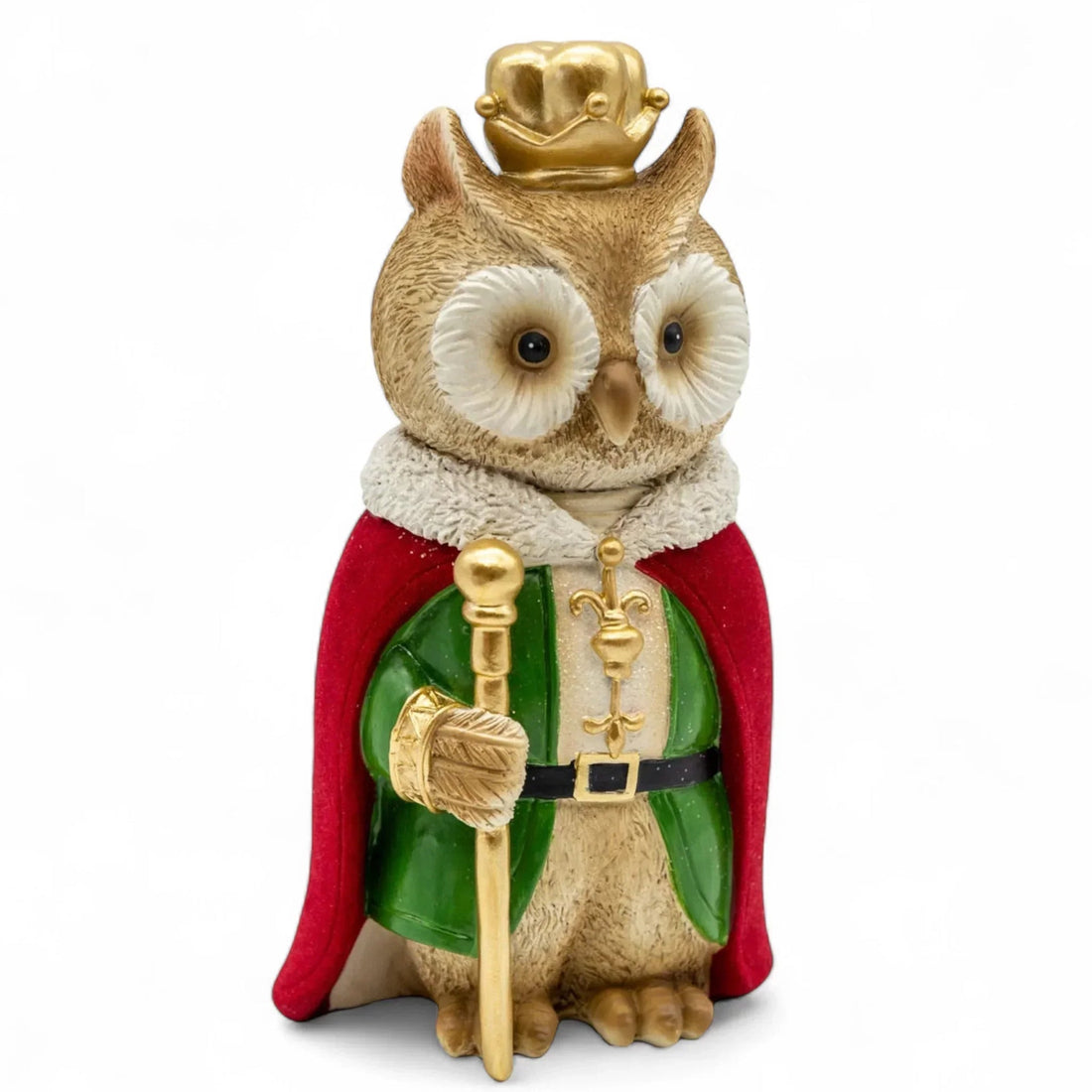 Regal owl figurine with gold crown, red cape, and scepter, vintage home décor accent