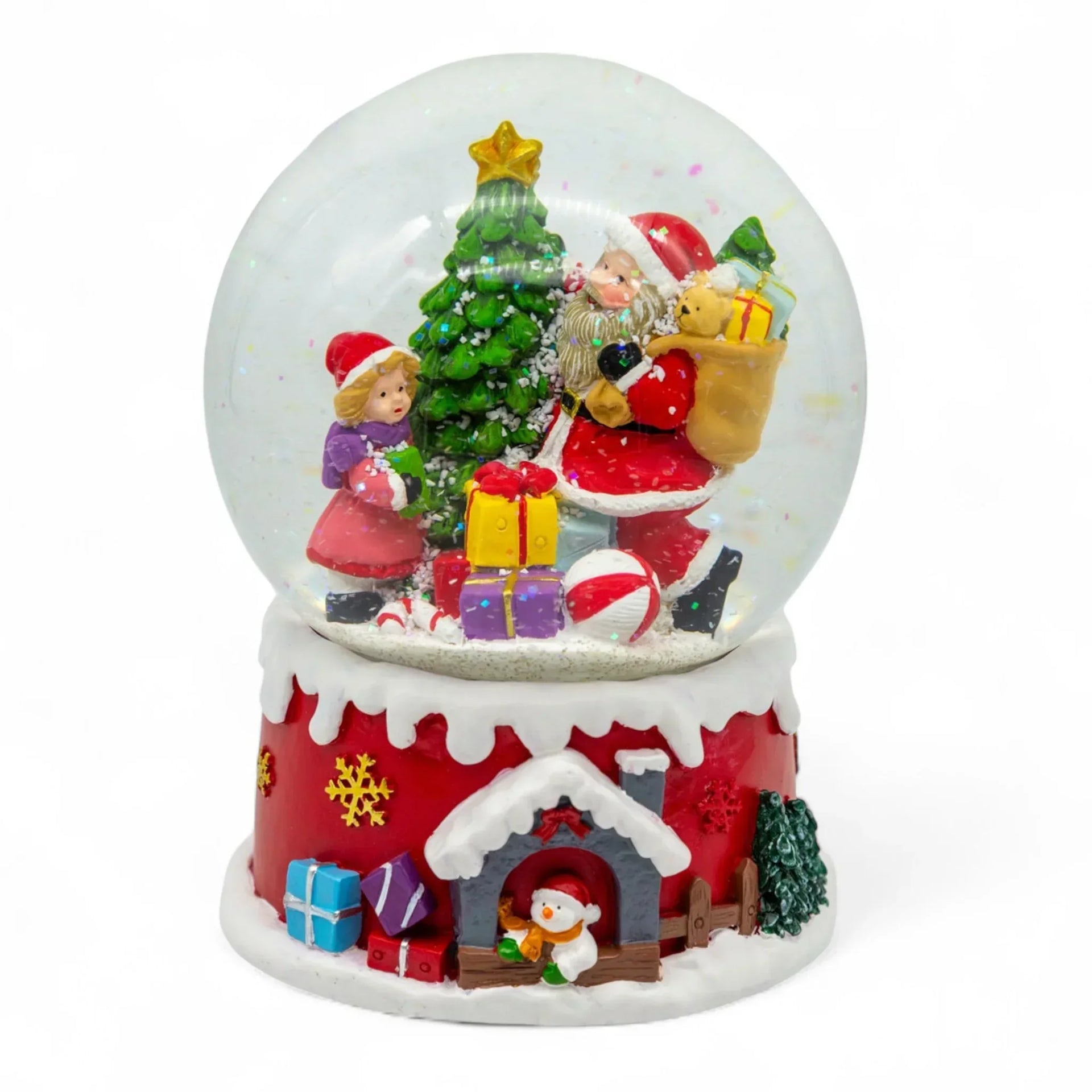 Christmas snow globe with Santa, child, tree, gifts, and snowman on red base, festive holiday décor