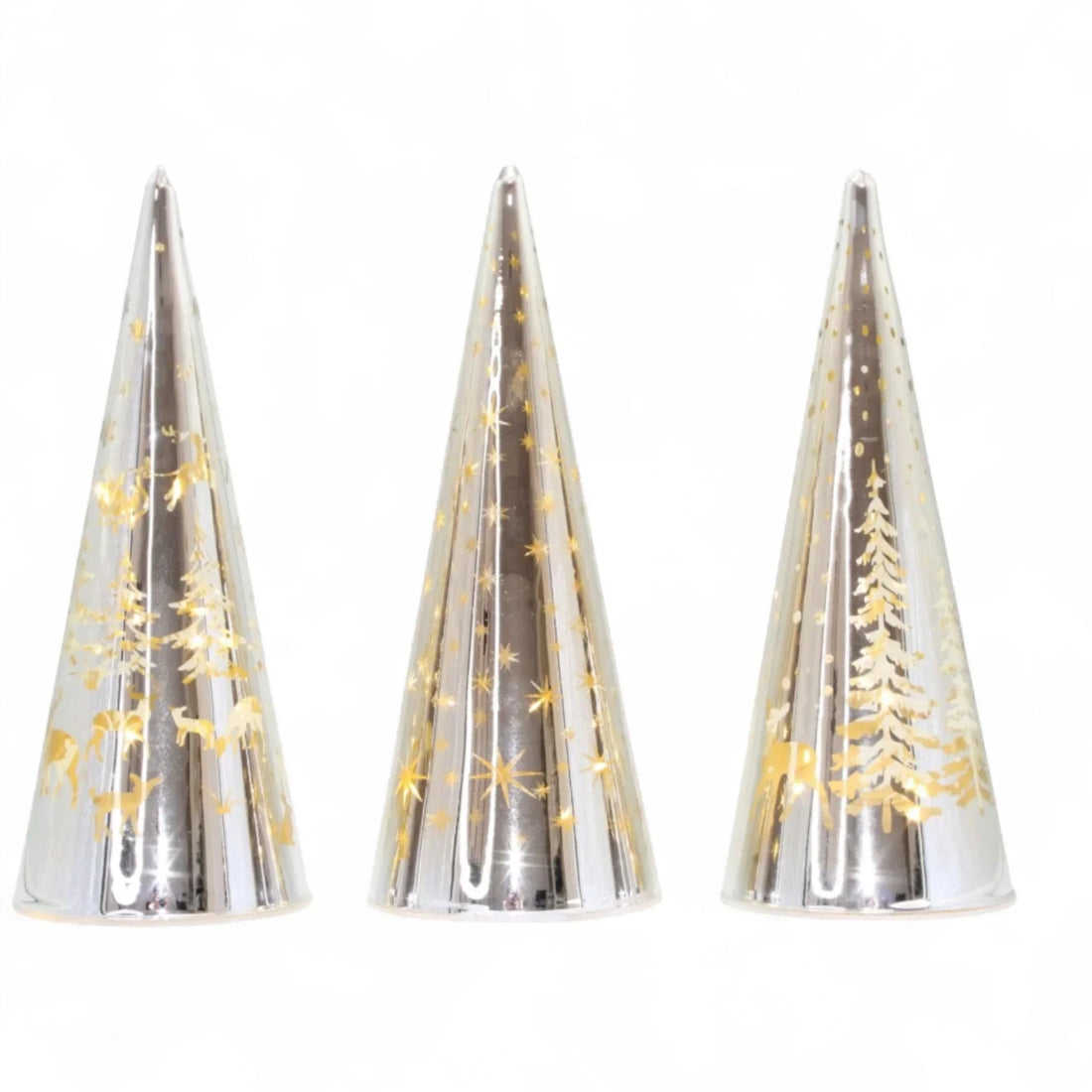 Silver cone Christmas decorations with gold trees, stars, and deer designs for festive home décor