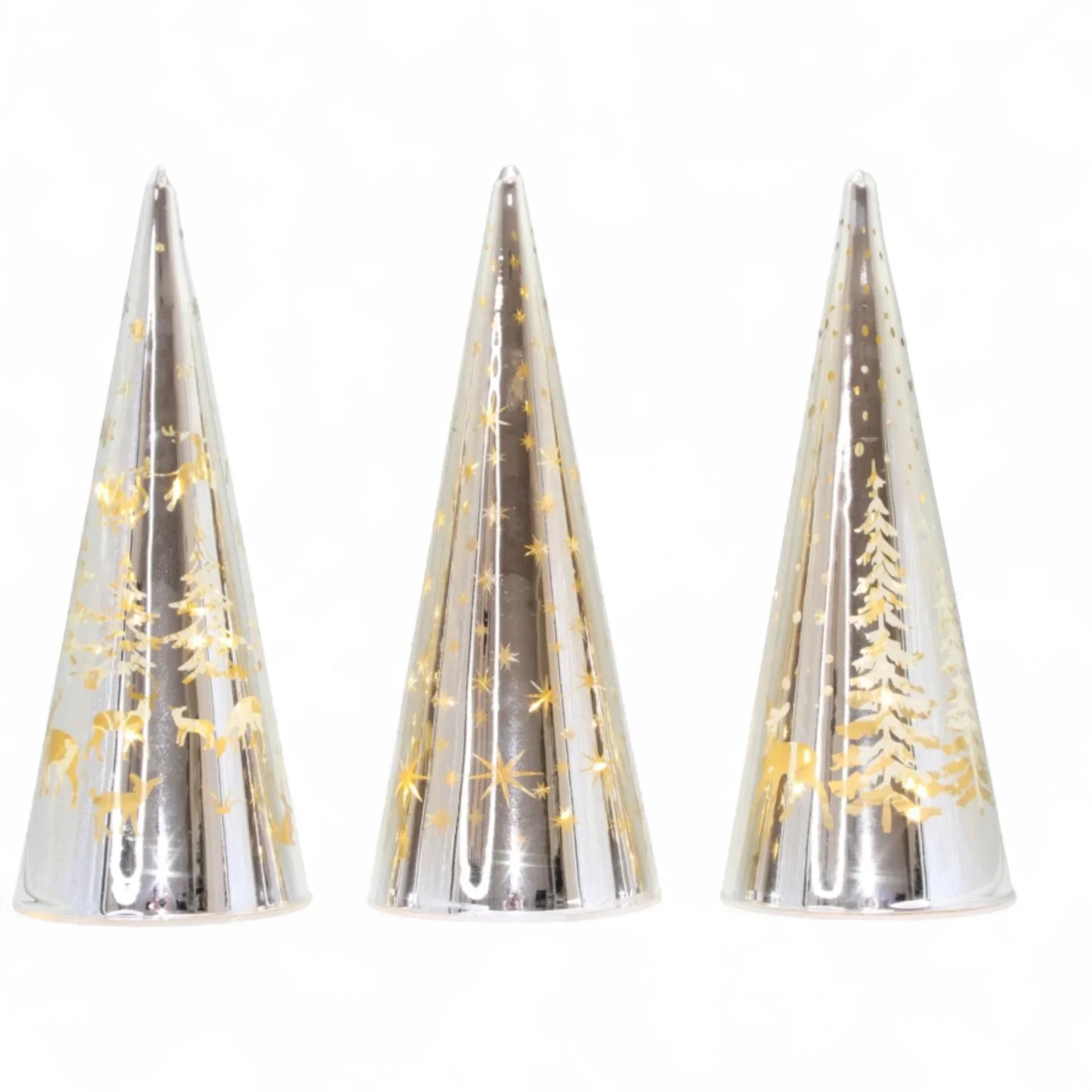 Silver cone Christmas decorations with gold trees, stars, and deer designs for festive home décor