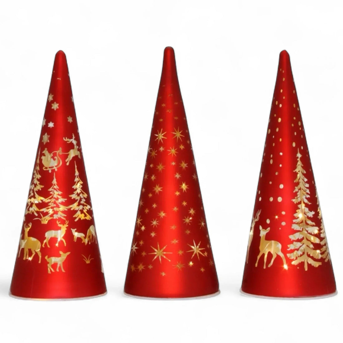 Red and gold Christmas cone decorations with deer, trees, and stars for festive home décor