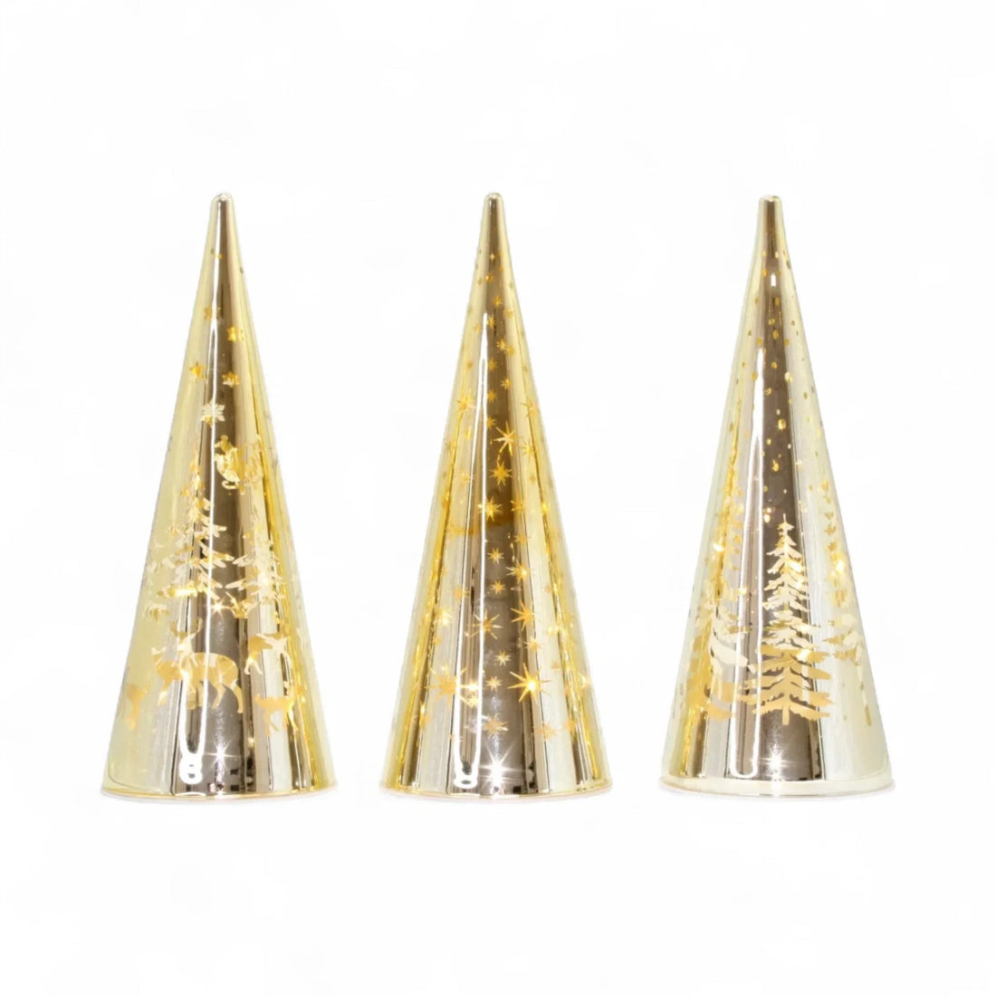 Golden cone Christmas decorations with deer, trees, and stars for festive home décor