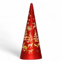 Red cone Christmas decoration with gold reindeer, trees, and snowflakes for festive home décor
