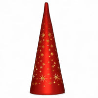 Red cone-shaped holiday decoration with gold star patterns, festive home décor accent