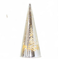 Silver cone Christmas tree decoration with gold forest & deer design, festive holiday home décor