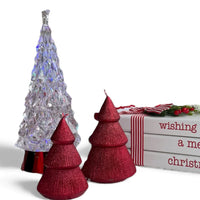 Crystal and red glitter Christmas tree decorations with festive books, perfect for holiday home décor