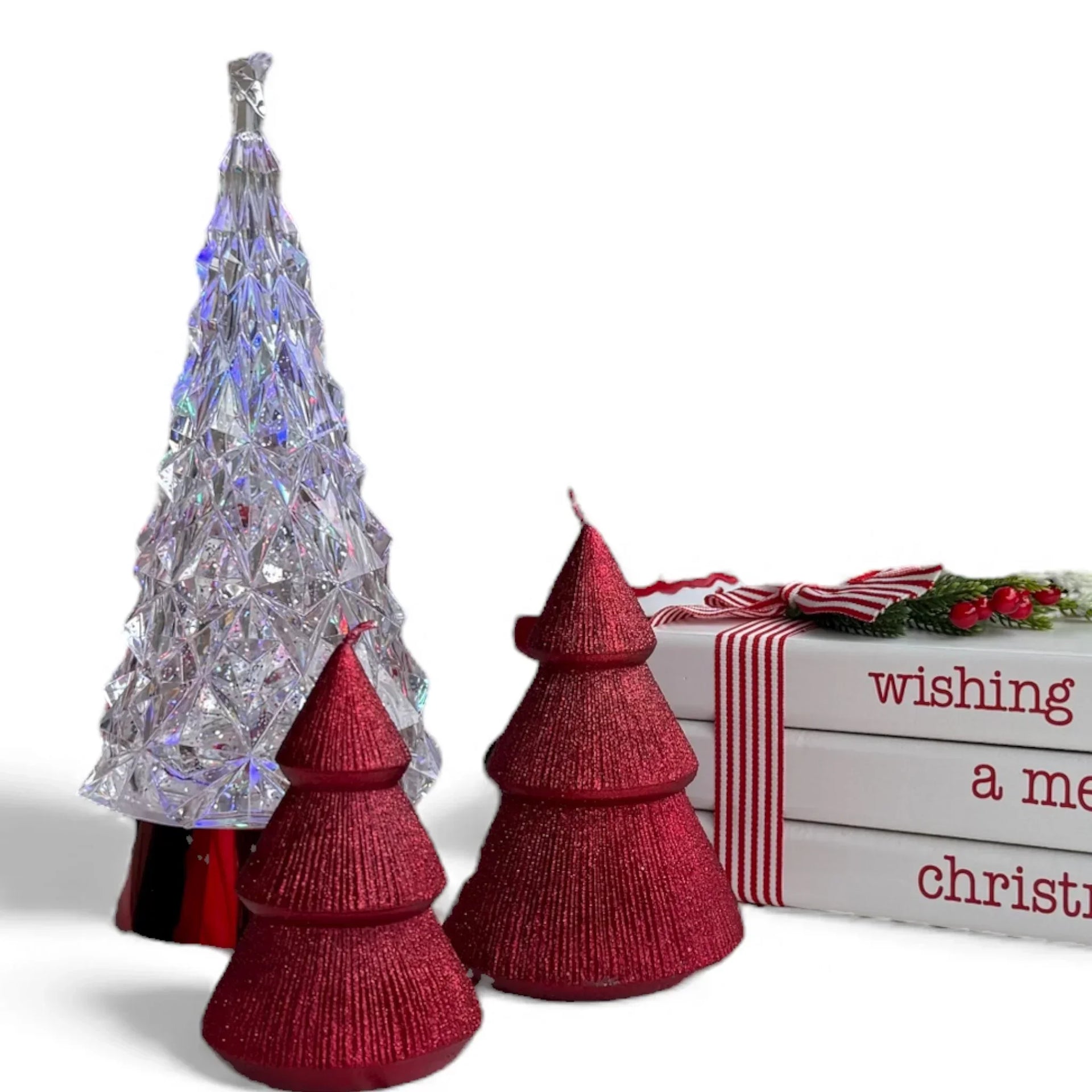 Crystal and red glitter Christmas tree decorations with festive books, perfect for holiday home décor