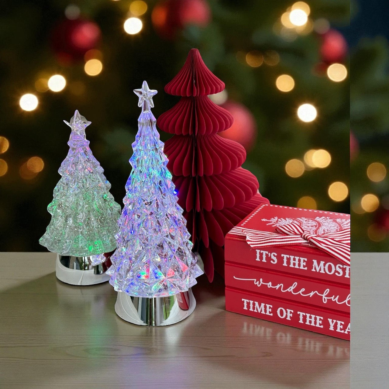 LED Christmas Tree Snow Globe Red, Gold or Bronze