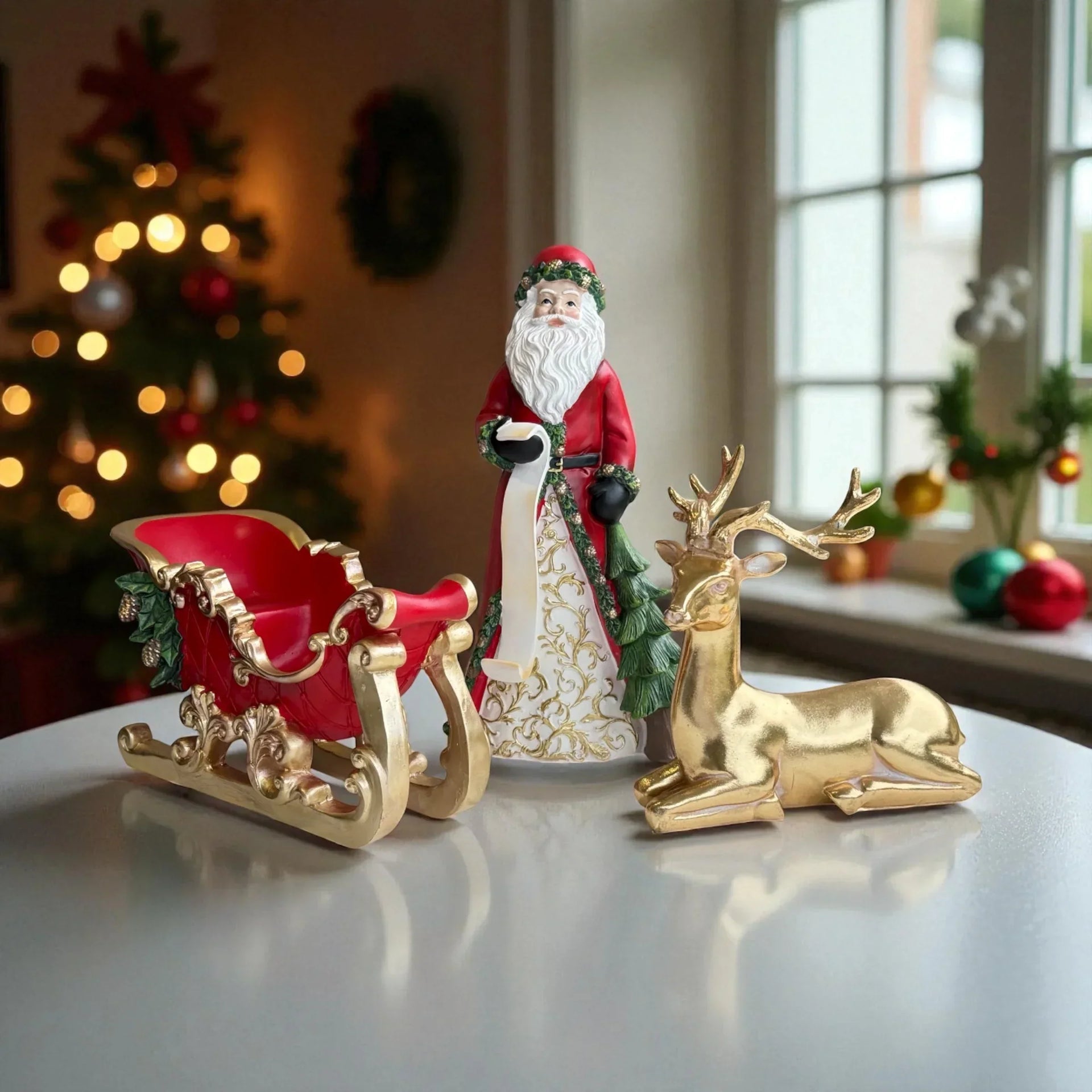Santa Claus figurine with red sleigh and gold reindeer, festive Christmas decoration for home display