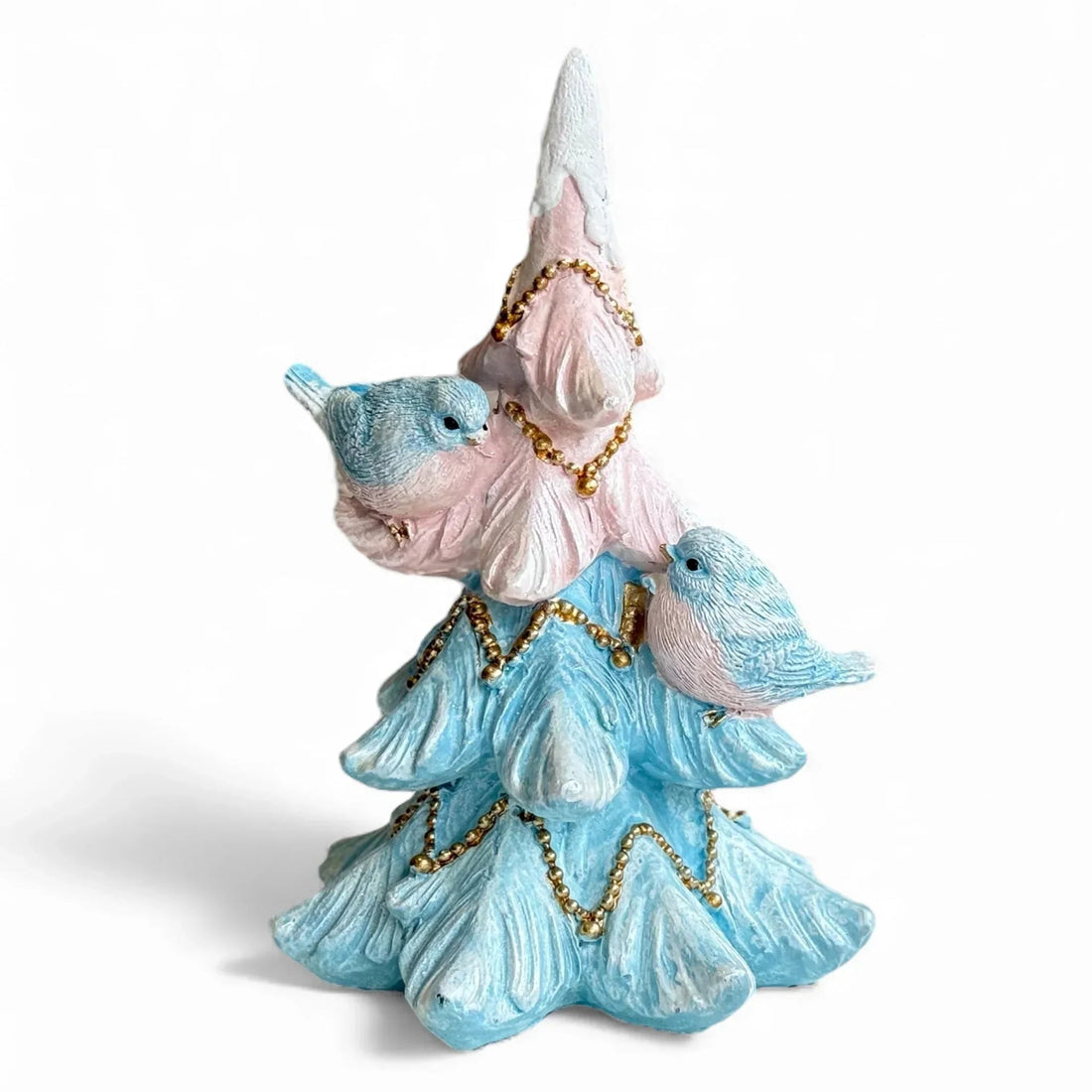 Pastel blue and pink Christmas tree figurine with two birds and gold bead garlands, festive home decor