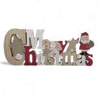 Wooden 'Merry Christmas' sign with Santa and glitter stars, festive holiday home décor