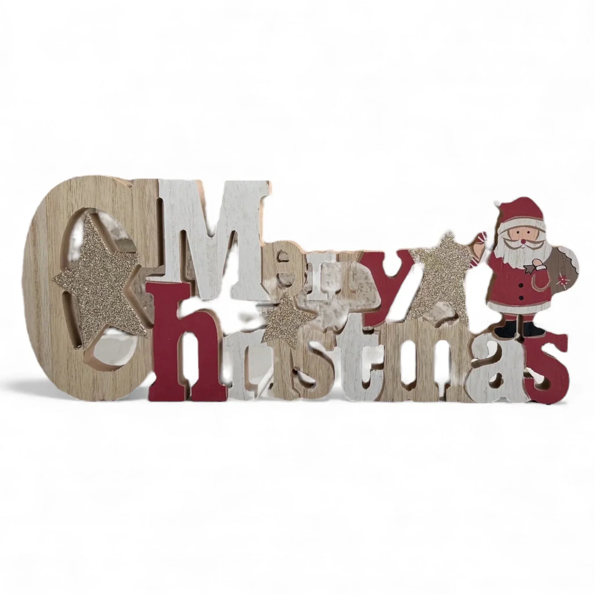 Wooden 'Merry Christmas' sign with Santa and glitter stars, festive holiday home décor