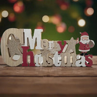 Wooden Merry Christmas sign with Santa & glitter stars, festive holiday decor on rustic table
