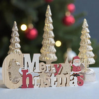 Merry Christmas wooden sign with glittery trees and Santa, festive holiday decor
