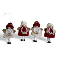 Set of four festive angel ornaments with red and white knitted hats, gold wings, and star details for holiday décor