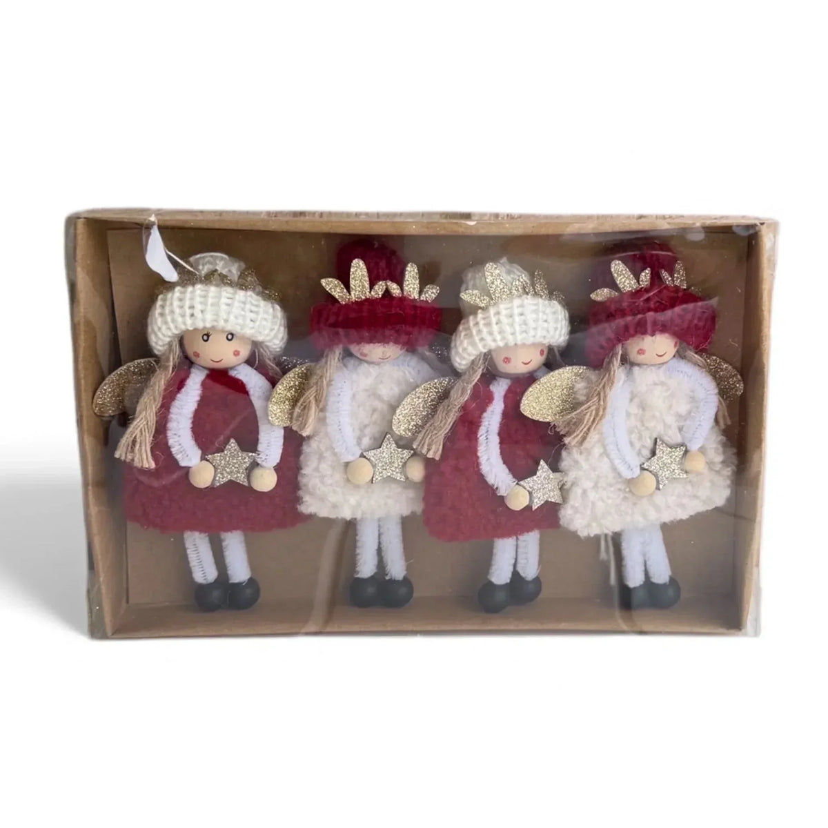 Set of four festive angel ornaments with red and white outfits, glitter stars, and knitted hats