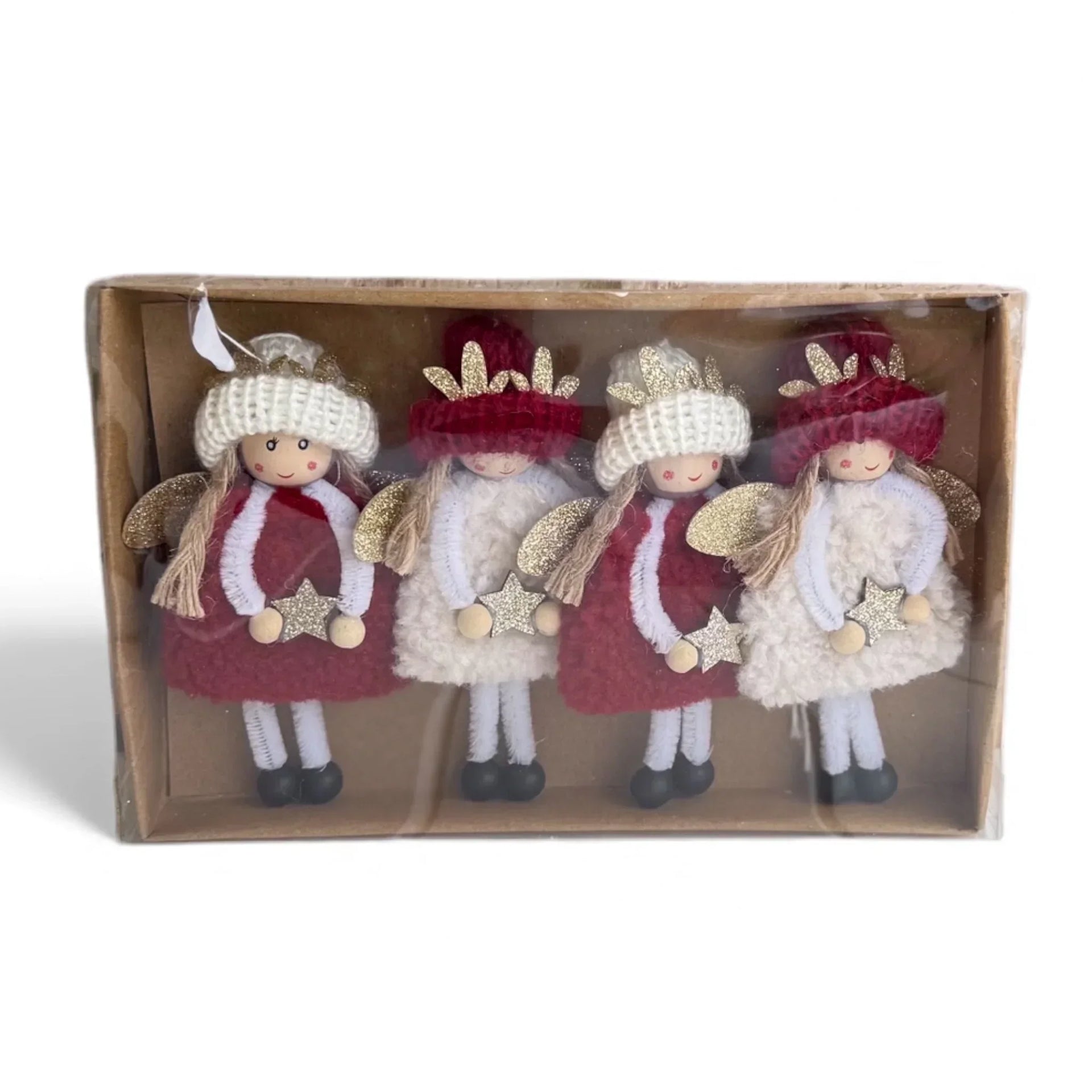 Set of four festive angel ornaments with red and white outfits, glitter stars, and knitted hats
