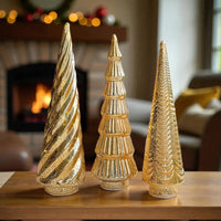 Set 3 Golden Glass LED Trees - 36x10.5cm; 34x11.5cm; 32x9.5cm