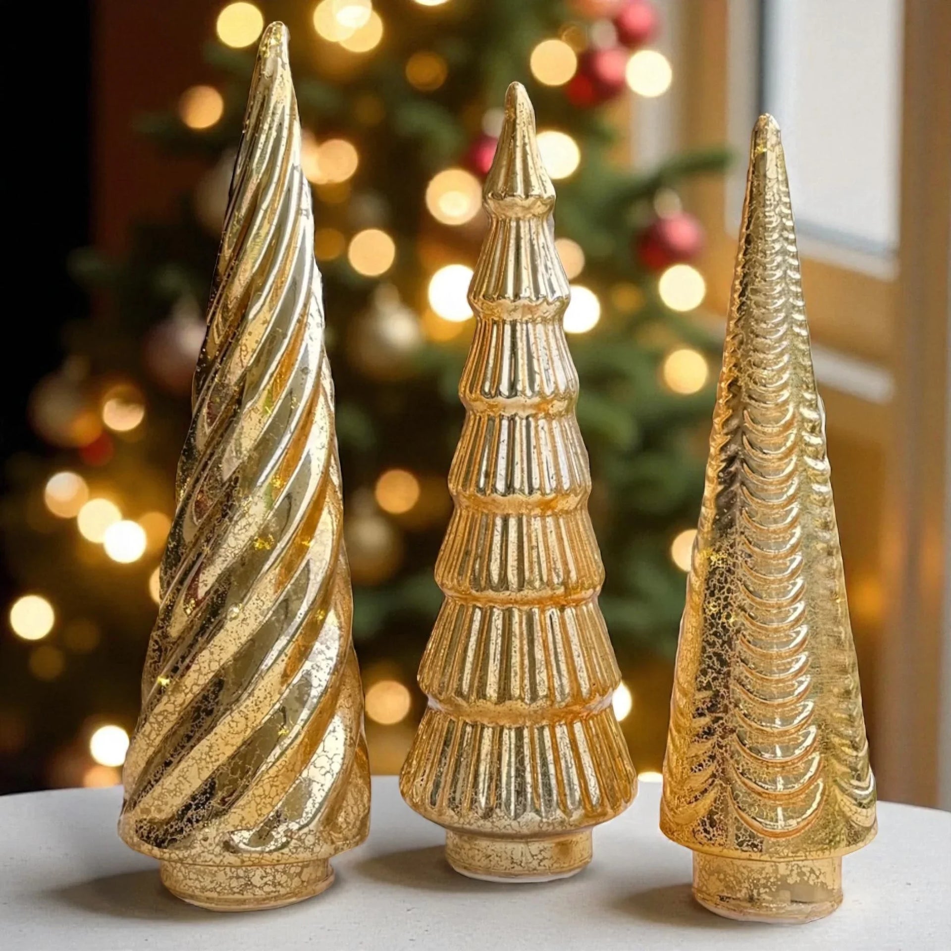 Set 3 Golden Glass LED Trees - 36x10.5cm; 34x11.5cm; 32x9.5cm