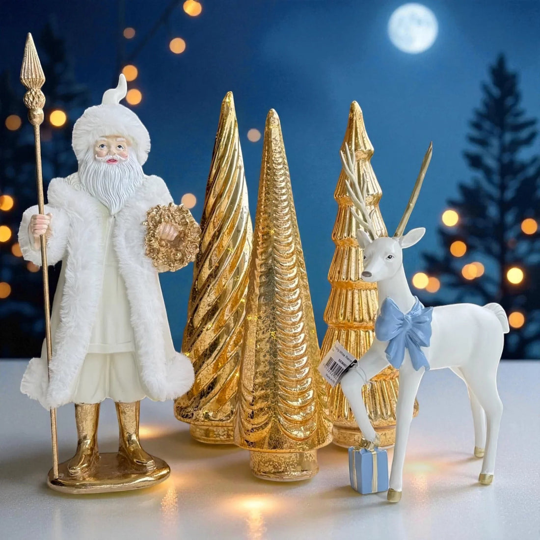 Standing White Reindeer Blue Bow - 18.7x9x28.3cm