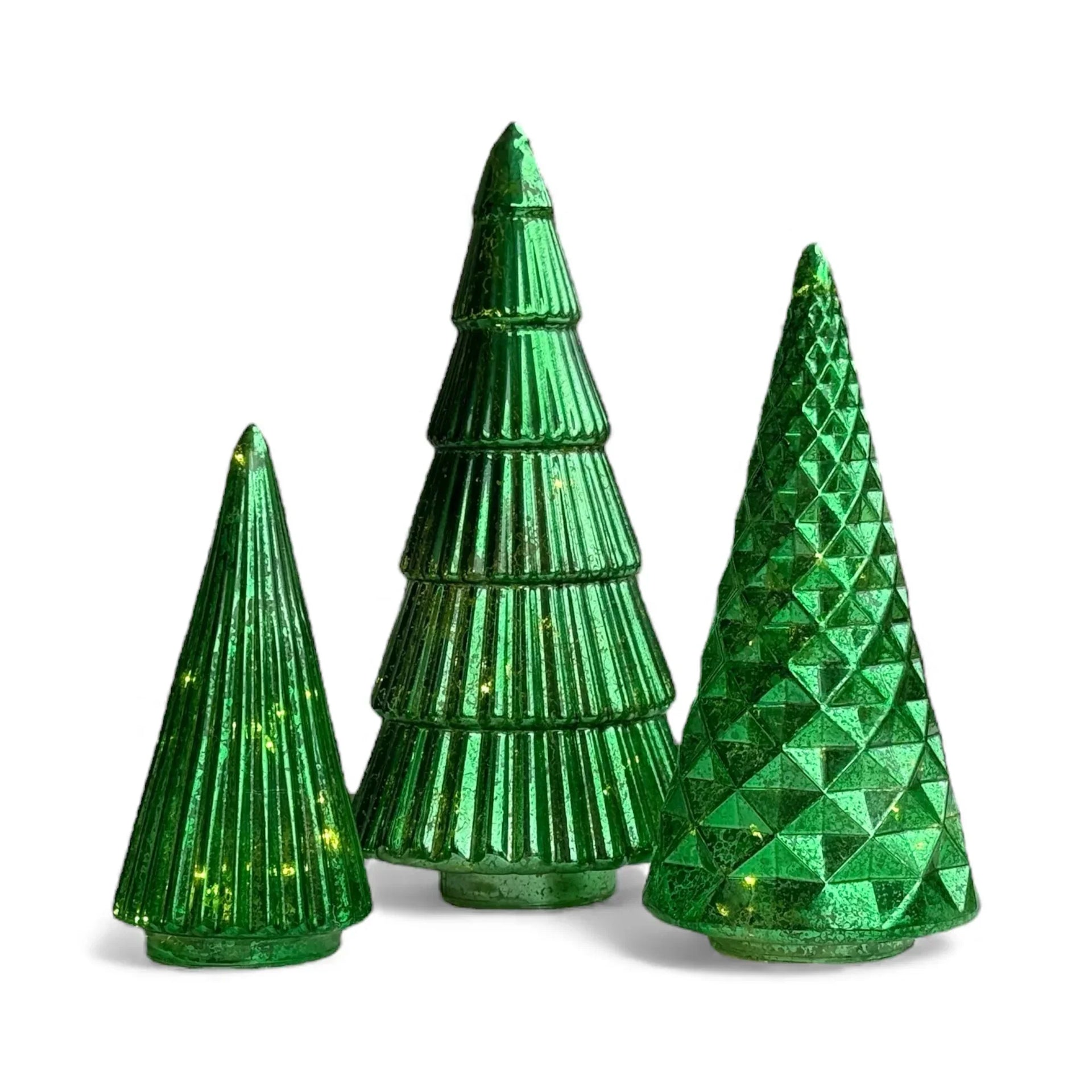 Set of three green textured Christmas tree decorations with embedded lights, perfect for festive home décor.