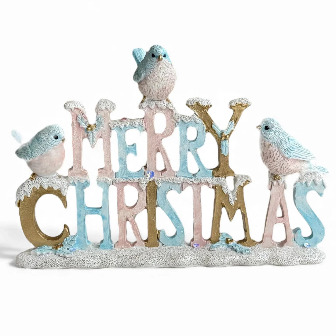 Merry Christmas sign with pastel birds, snow-dusted letters, and festive holly accents for holiday home décor