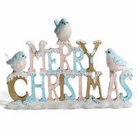 Merry Christmas sign with pastel birds, snow-dusted letters, and festive holly accents for holiday home décor