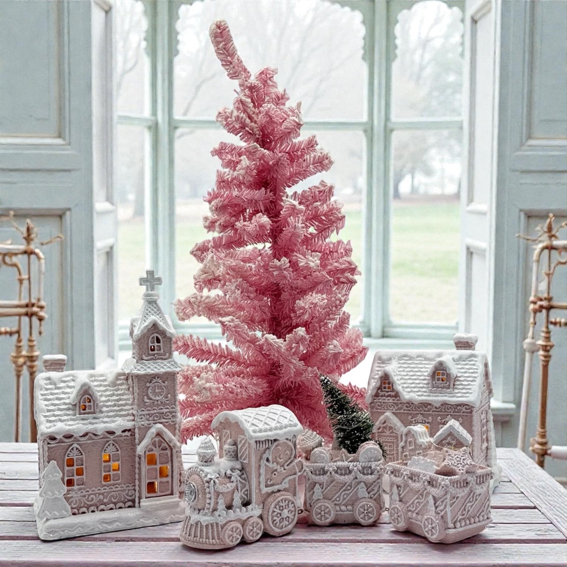 LED Piped Pink Gingerbread Village - 24.7x6.4x12.7 cm