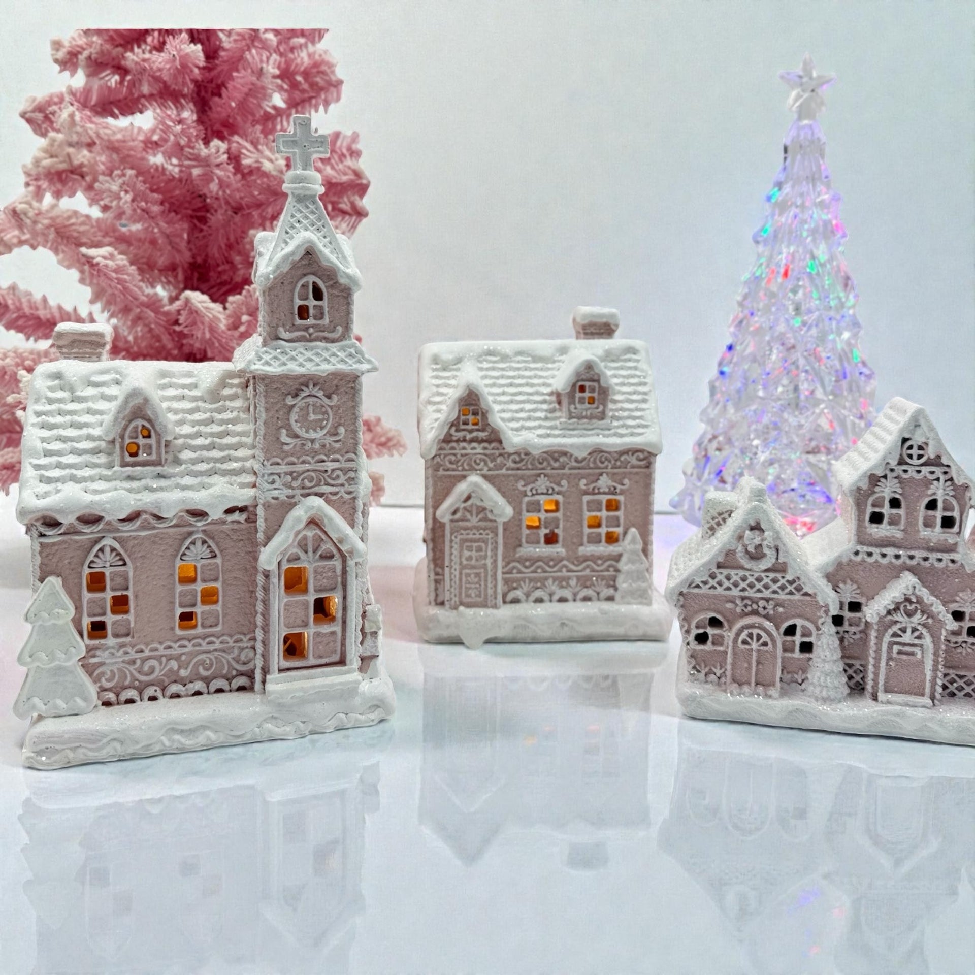 LED Pink Gingerbread Church - 14x12x23.5 cm