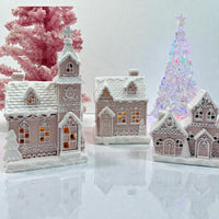 LED Piped Pink Gingerbread Village - 24.7x6.4x12.7 cm
