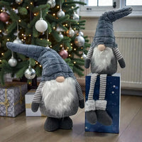 Gray plush gnomes with long hats and beards, festive Christmas tree decor, holiday home accents