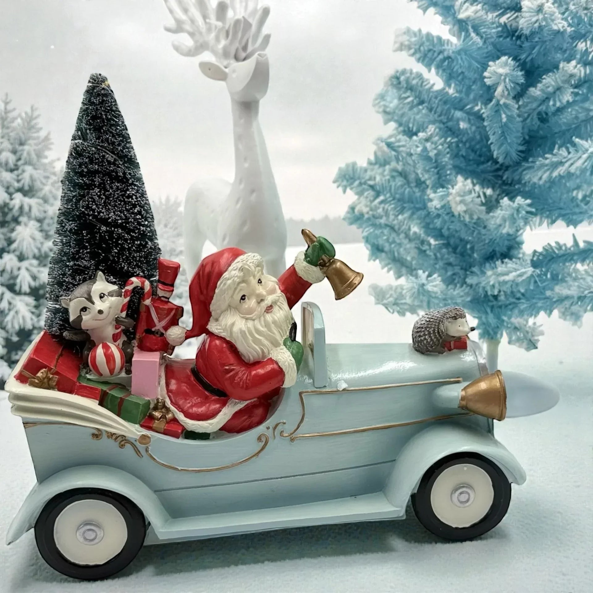 Santa in vintage car with gifts, raccoon, hedgehog, and snowy trees — festive holiday décor