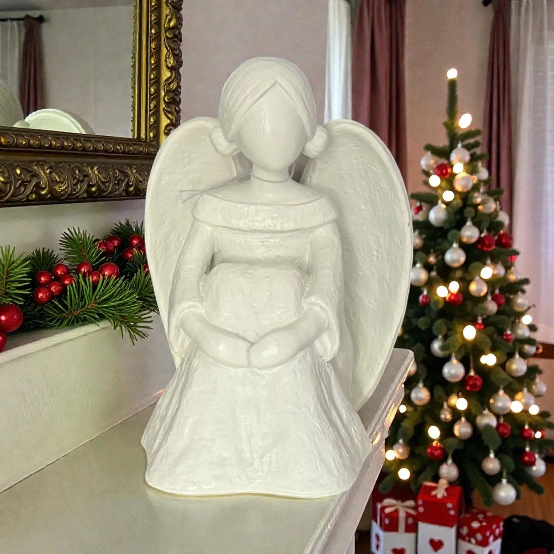 White angel statue with wings, festive Christmas decor, holiday home accents, elegant interior design