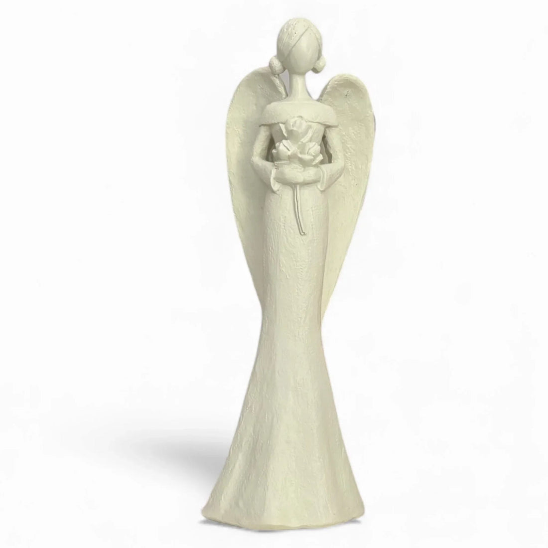Cream angel statue holding flowers, elegant home décor accent for living room or shelf display