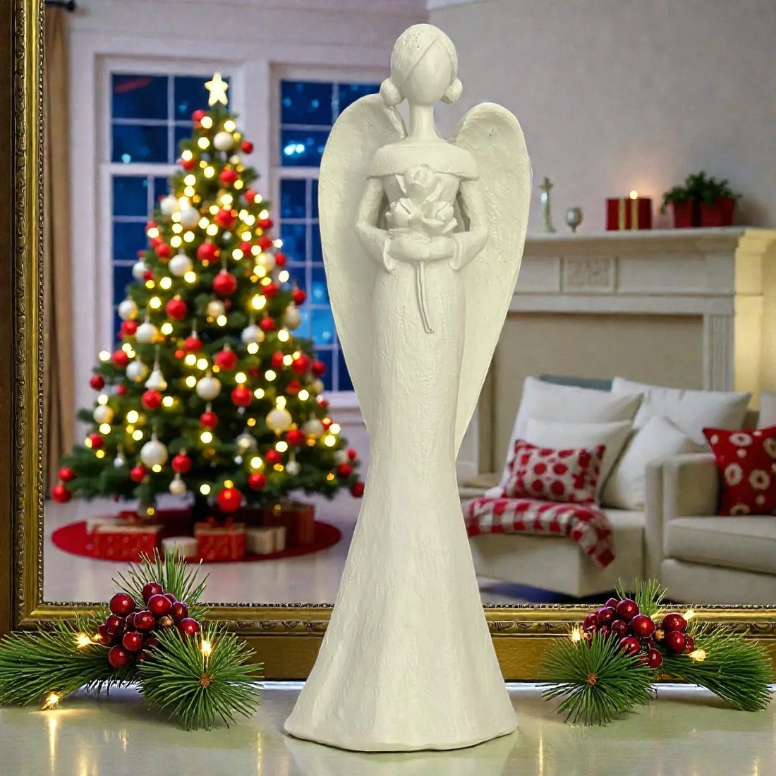 White angel statue holding flowers, festive Christmas decor with tree and berries, elegant home décor accent