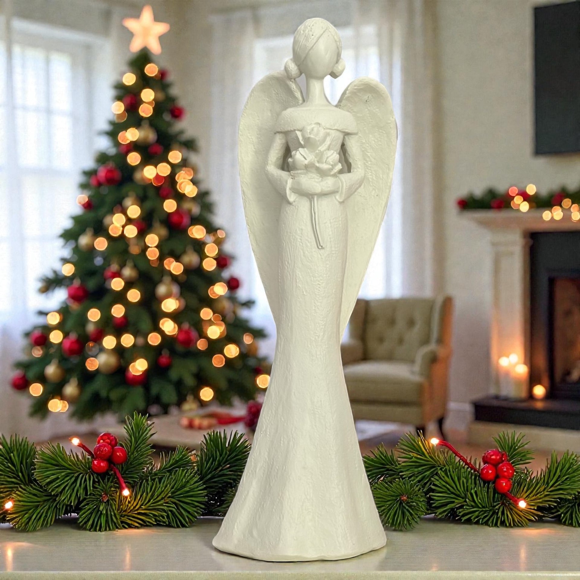 White Etched Angel With Flowers