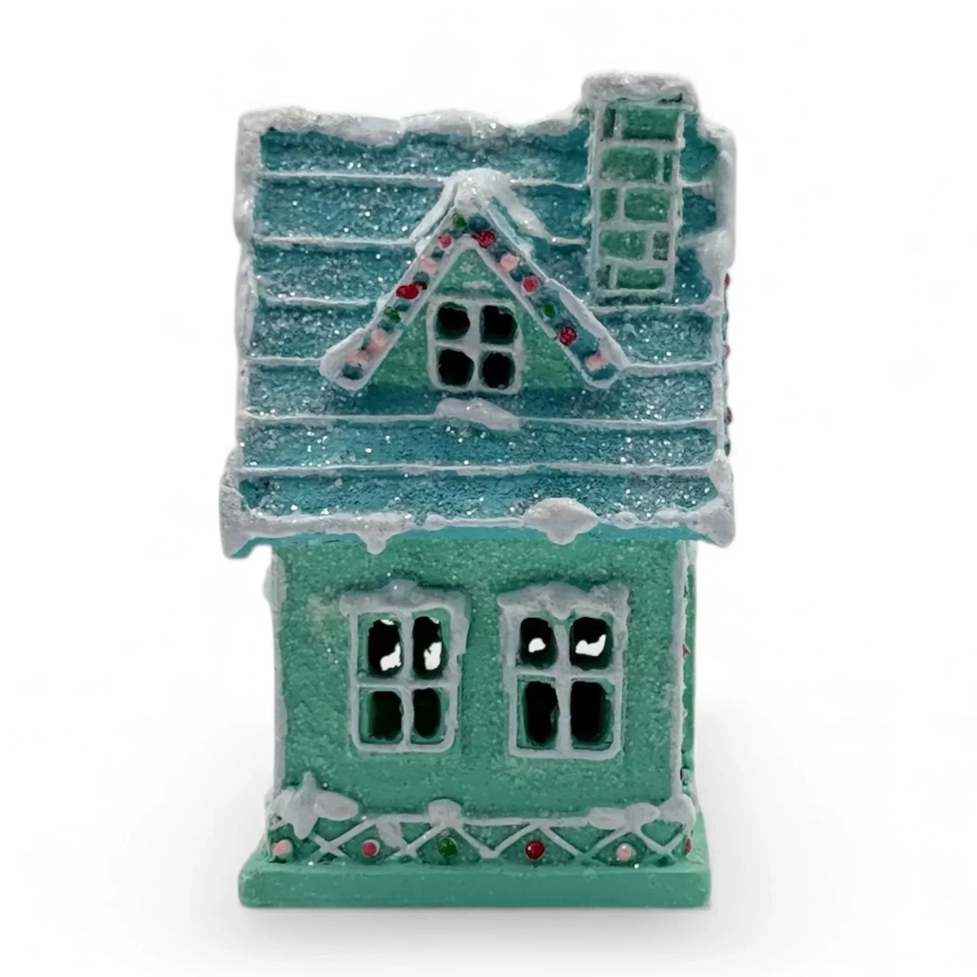 Sparkling green Christmas cottage ornament with snow-dusted roof and festive berry trim, perfect for holiday décor.