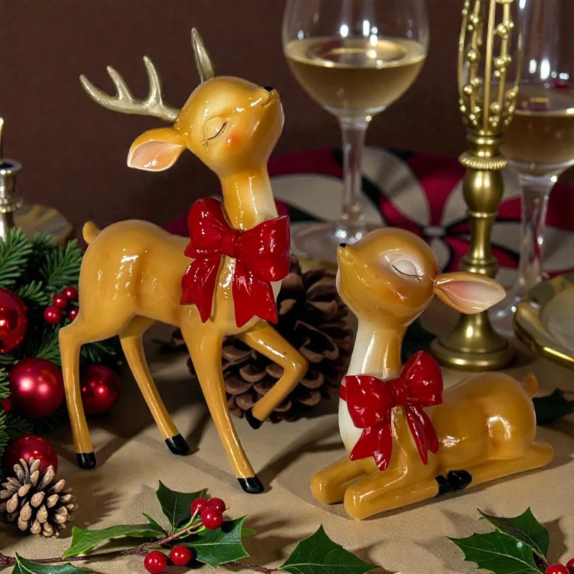 Ceramic reindeer figurines with red bows, festive Christmas decor with pinecones, holly, and wine glasses