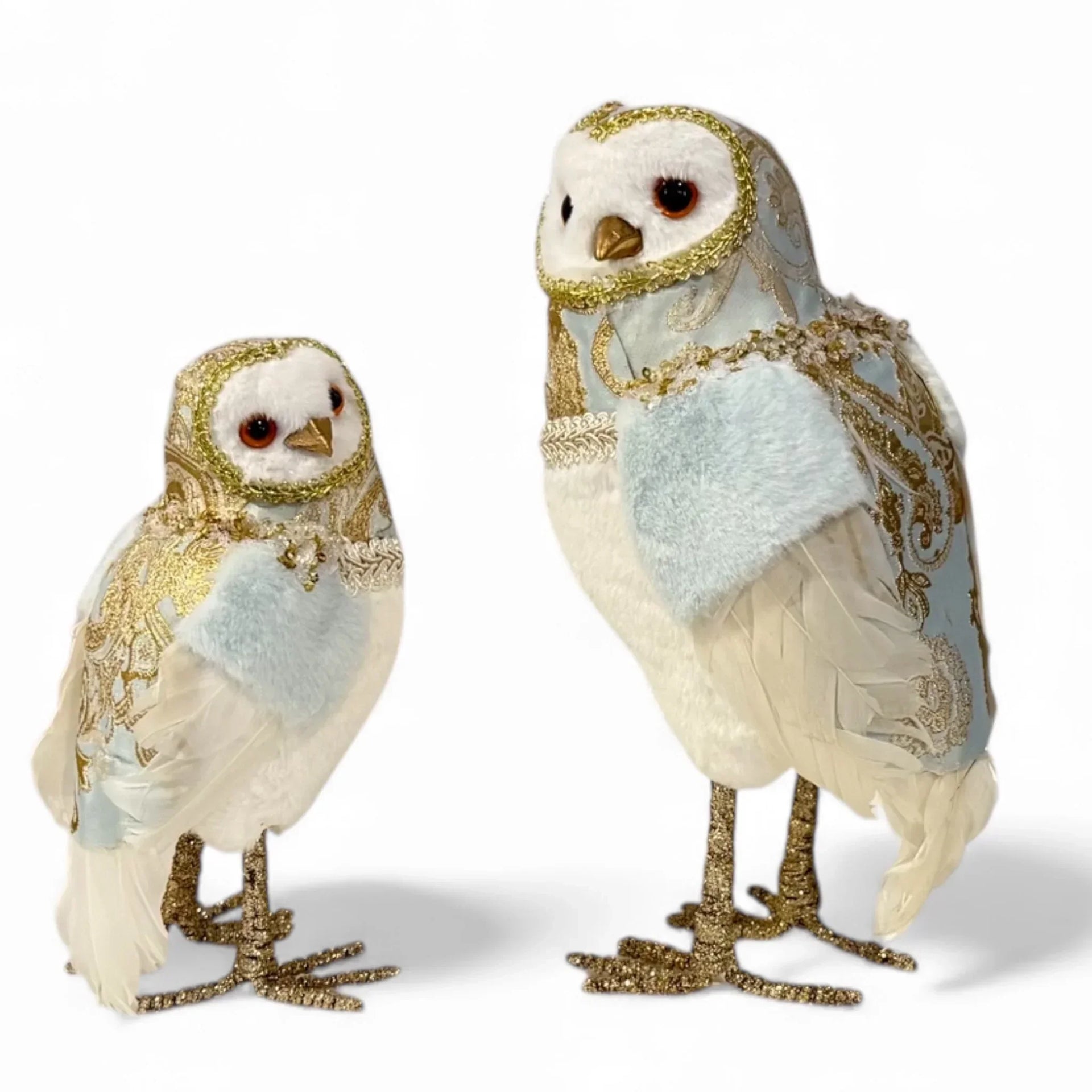 Elegant white owl figurines with gold trim and blue accents, luxury home décor accents