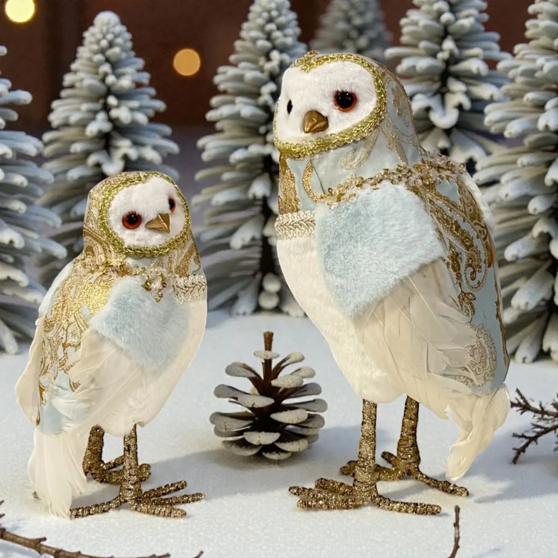 Elegant white owl ornaments with gold glitter accents, perfect for Christmas decor and winter home styling