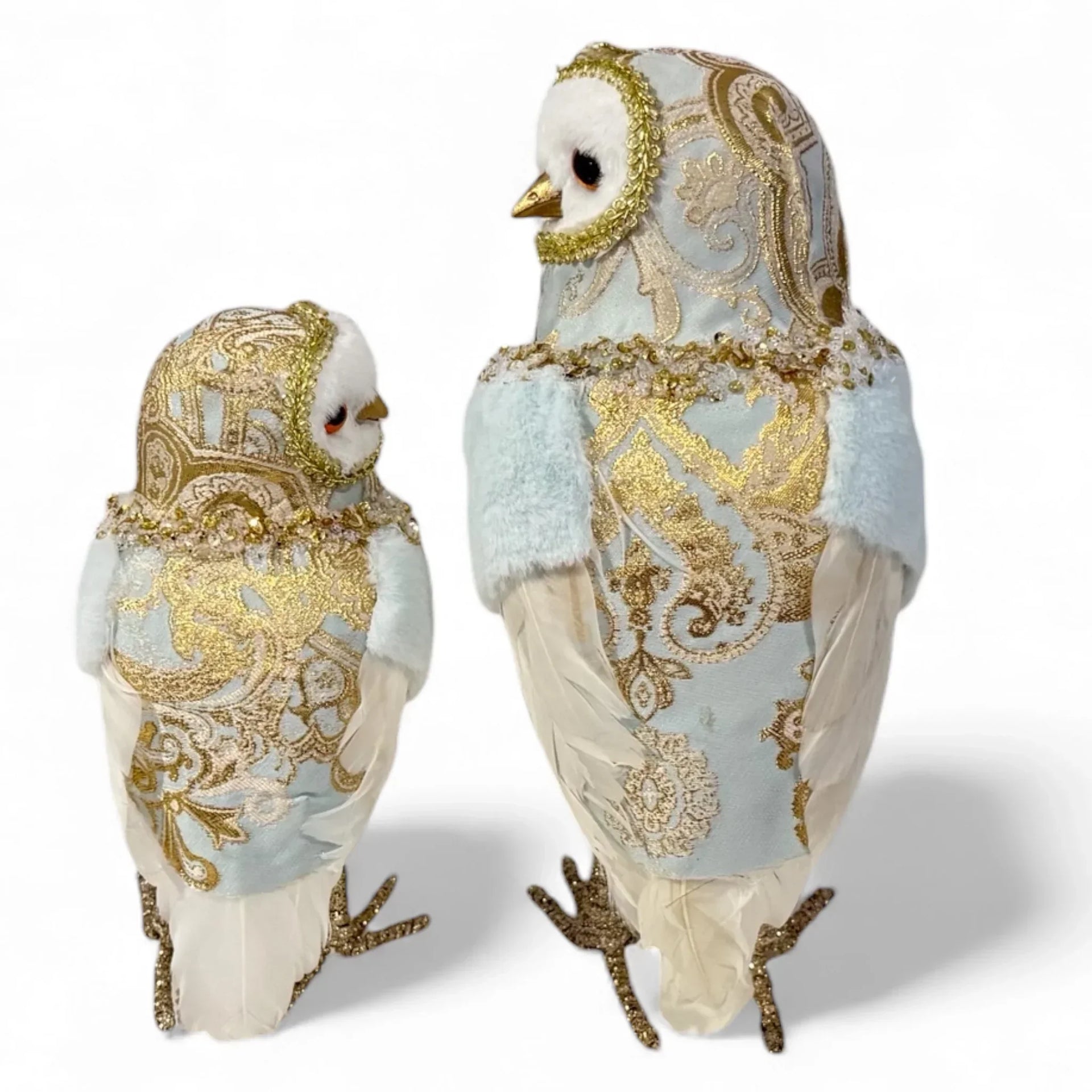 Elegant decorative birds in light blue and gold brocade, perfect for luxury home décor and vintage-inspired interiors.