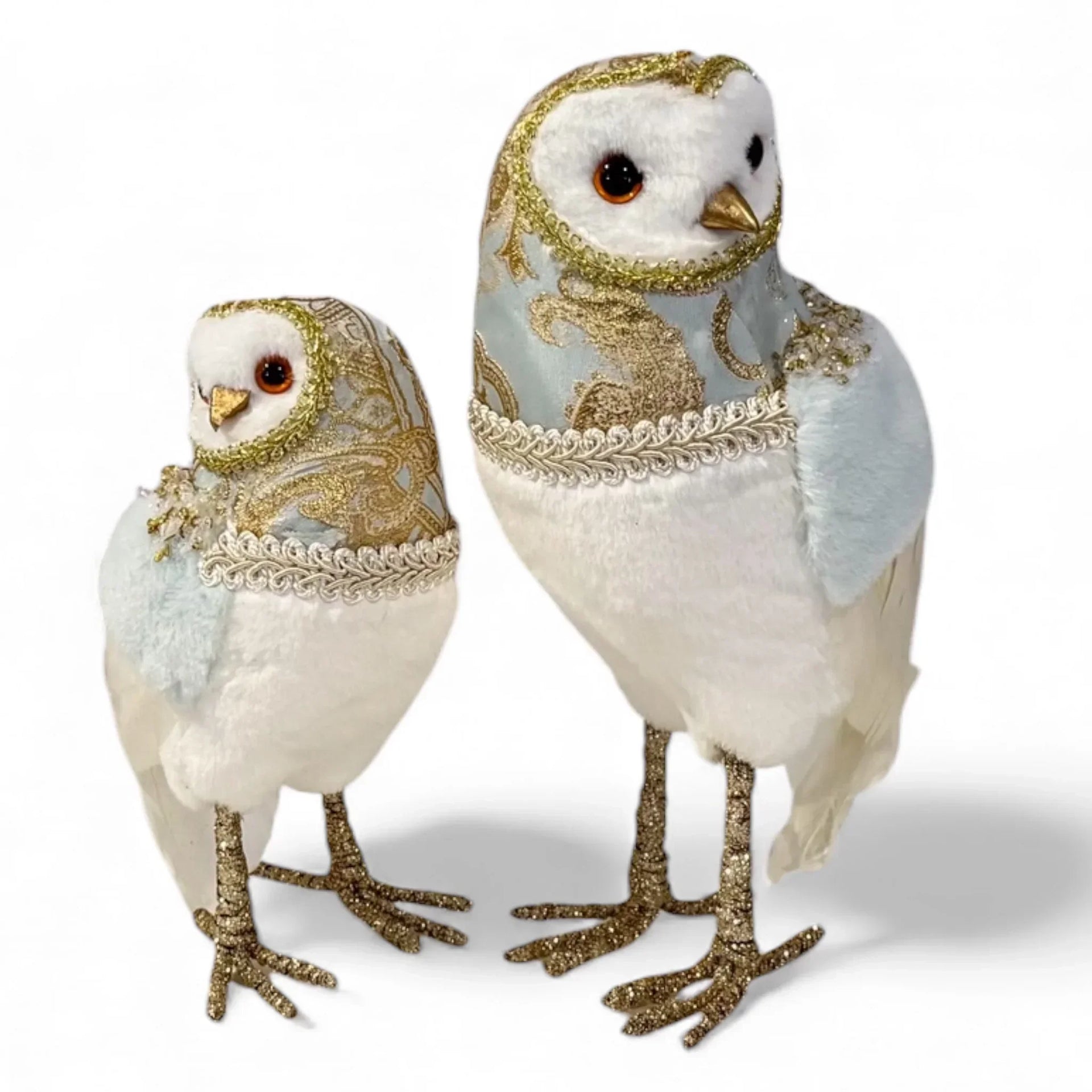 Elegant white owl ornaments with gold glitter accents and blue fabric, perfect for luxury home décor.